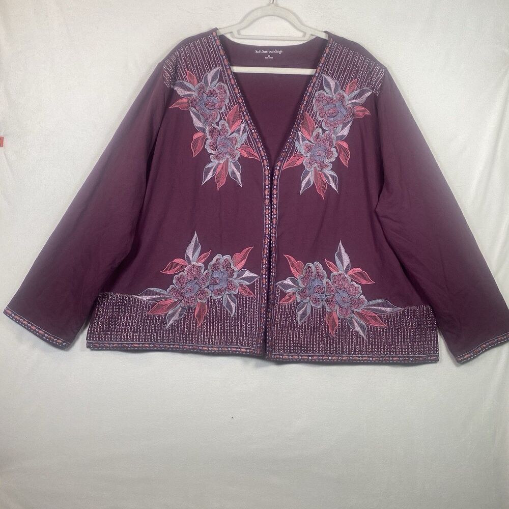 Soft Surroundings Playa Embroidered Beaded Open Front Jacket 3X Purple